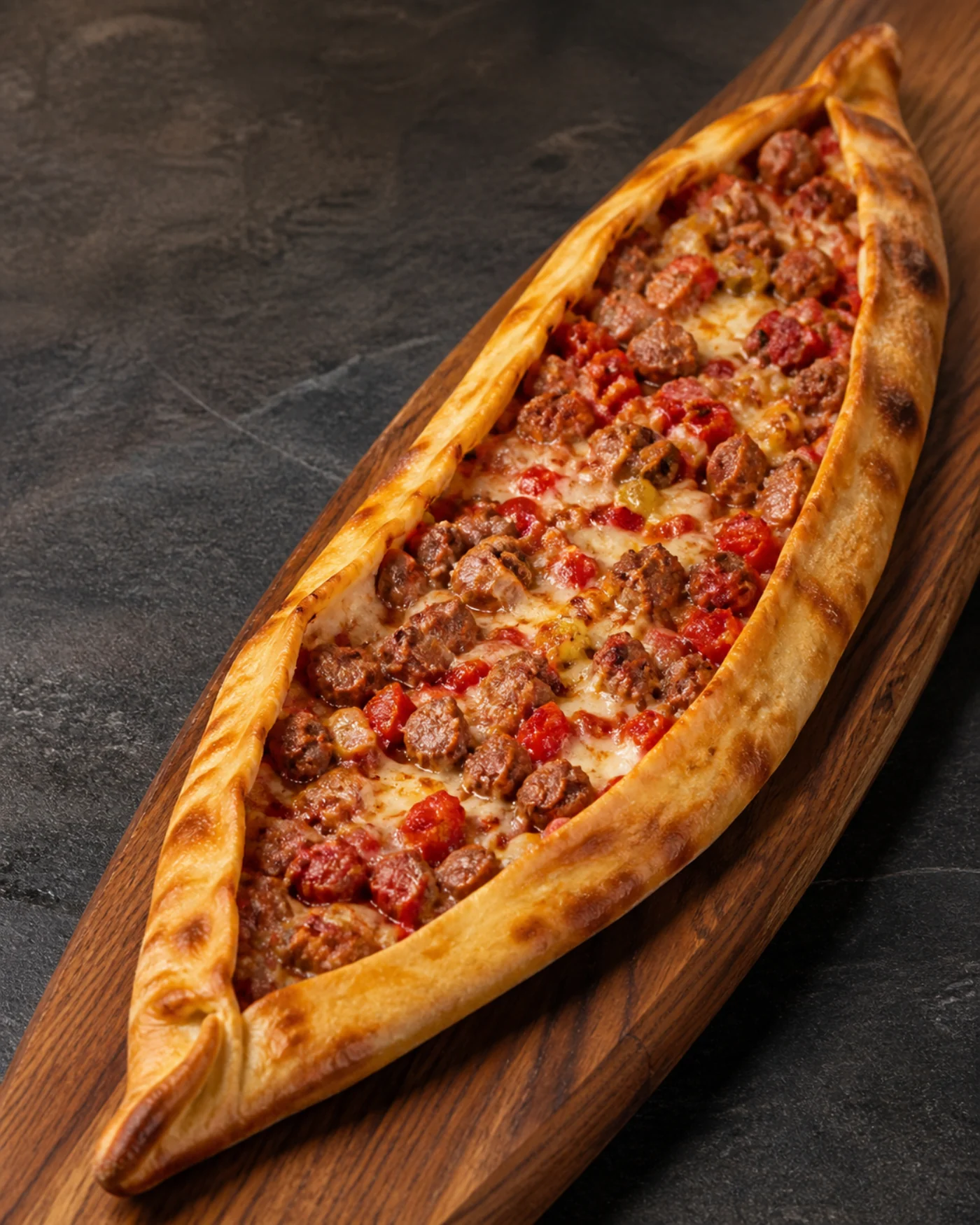 Karadeniz Pide mit Fleischwürfeln und geschmolzenem Kaşar auf einem Holzbrett