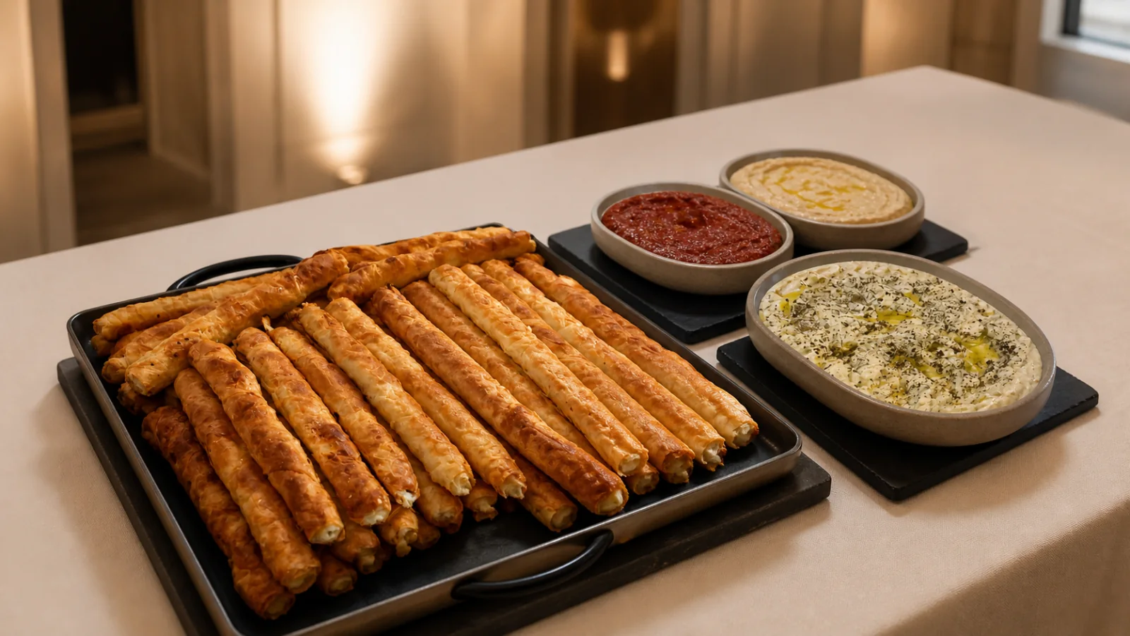 Aufgewertete Darstellung von knusprigem Börek mit Hummus und zwei Dips