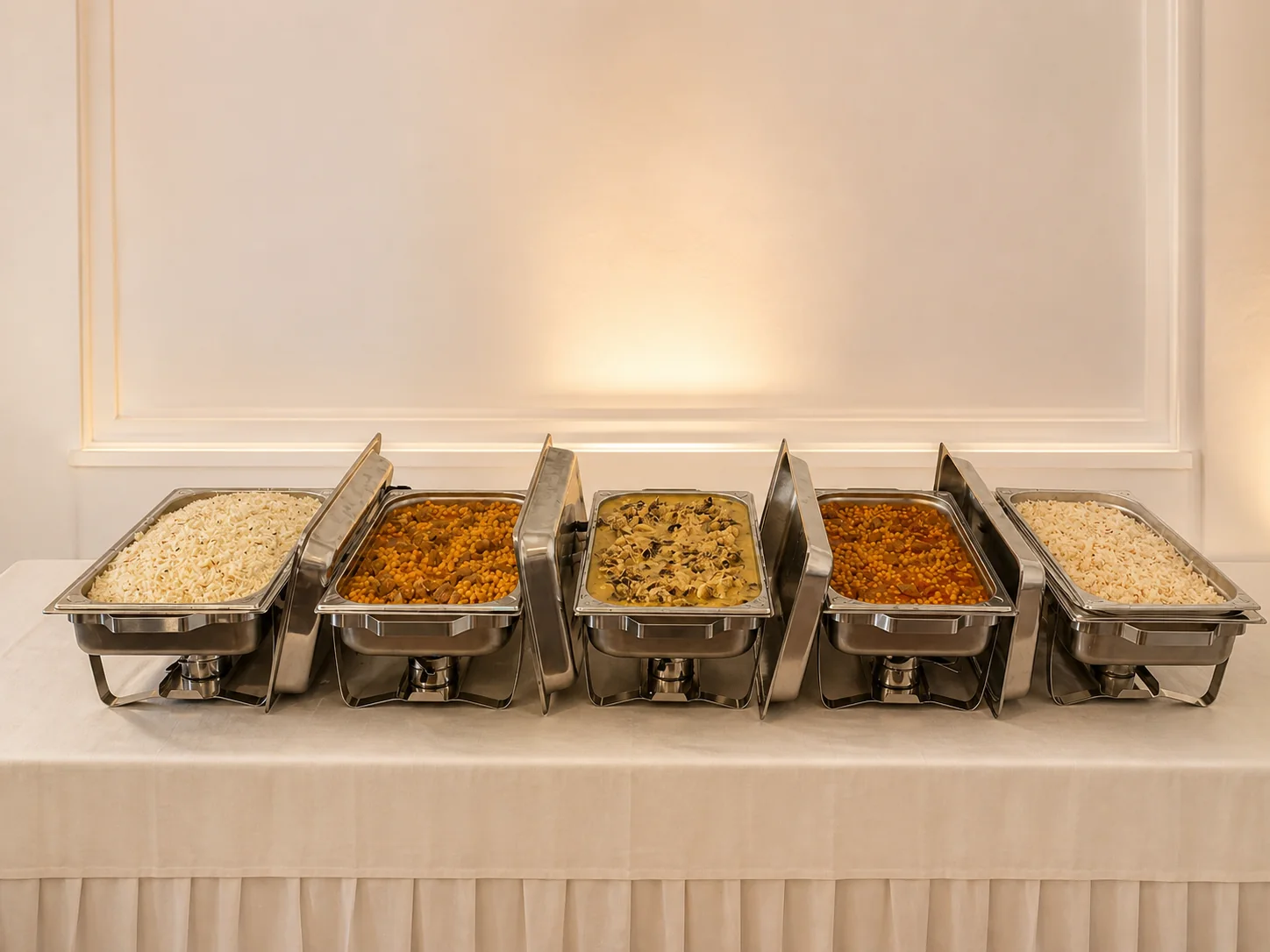 Aufgewertete Darstellung eines warmen Sultan Catering Buffets mit fünf Chafing Dishes